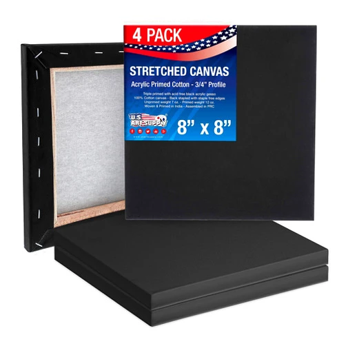 U.S. Art Supply 8 x 8 inch Black Stretched Canvas 12-Ounce Primed, 4-Pack - Professional Artist Quality 3/4