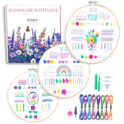 ETSPIL 3 Pack Embroidery Kit for Beginners and Adults – Learn 33 Stitches with DIY Stamped Flower Patterns – Includes Hoop, Color Threads, Tools, and Step-by-Step Instructions with Video Tutorials