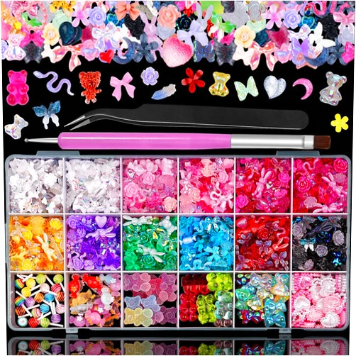Sinyanail 3D Resin Nail Charms Mix Rabbit Flower Bear Bowknot Nail Charms Gummy Star Heart Lollipop Acrylic Hollow Heart Beads for Nail Art Design DIY Crafts Accessories(18 Charms)