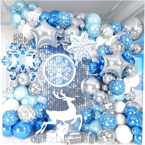 Jobkoo Snowflake Balloon Garland Arch Kit Winter Snowflake Balloons with Frozen Silver Blue White Snow Confetti Latex Balloon for Winter Wonderland Christmas Baby Shower Princess Birthday Party Decor