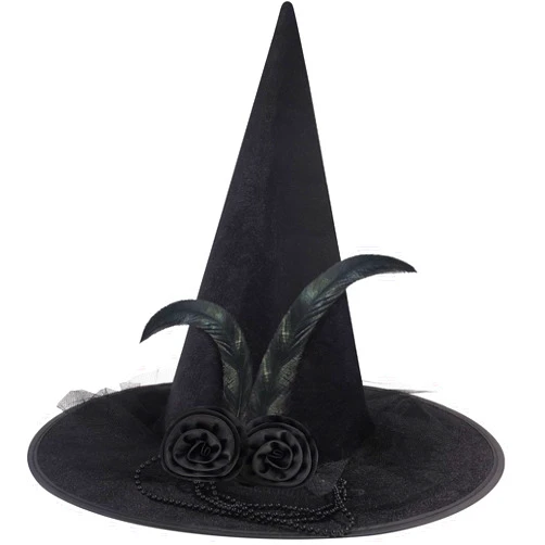 Leuceiy Witch Hat for Women, Halloween Costume Party Witches Hat, Wizard Hats Women's Witch Hats with Roses & Feathers