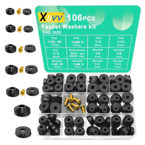 XBVV 106 PCS Faucet Washer Assortment Kit with Assorted Flat and Beveled Rubber Washers for Outdoor Garden Faucet Stem Leak Worn Replacement Repair