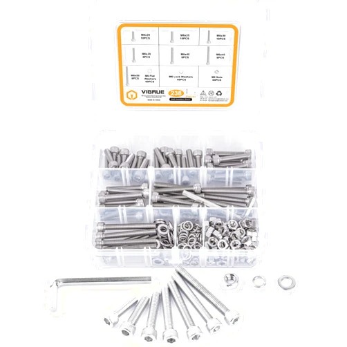 VIGRUE 238PCS M6-1.0 x 20/25/30/35/40/45/50mm Hex Socket Head Cap Screws, Stainless Steel 304 Allen Head Bolts Nuts Kit, Full UNC Thread