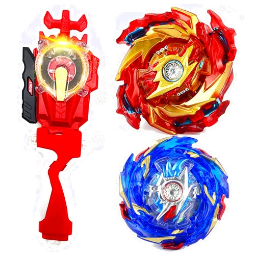 Mopogool 2 Bay Blades for 8-12 Bey Battling Tops Red Sparking Launcher Grip Bayblayed Bey Burst Toy Play Blades SuperKing Booster B-174 Hyperion Burn Helios Volcano Left Right Launcher Set for Boys