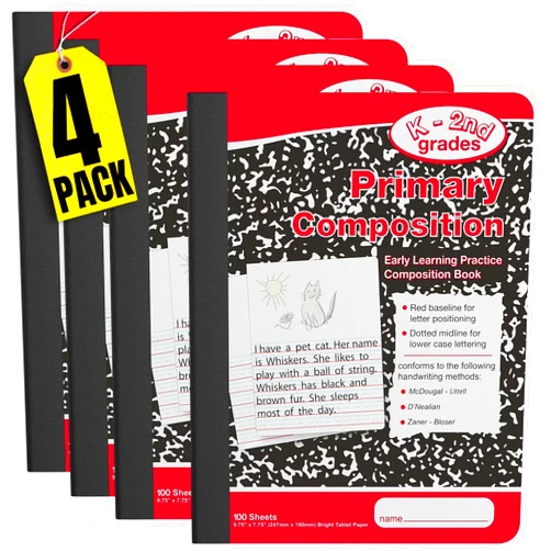 1InTheOffice Primary Journal Grades K-2, Composition Notebook for Kids, Wide Ruled, 100/Sheets, Red/Marble, 7.5