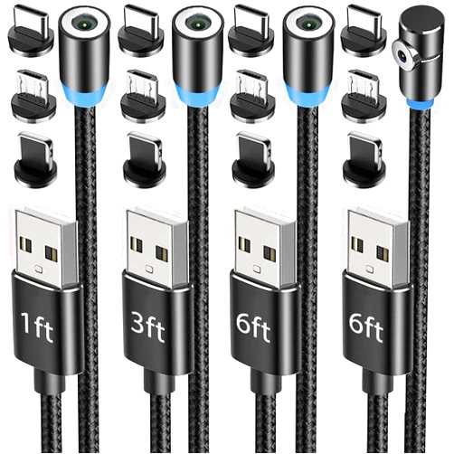 Terasako Magnetic Charging Cable 4-Pack [1ft/3ft/6ft/6ft], 360° Rotating Magnetic Phone Charger Cable with LED Light, 90° Angle Connector, Nylon-Braided Cords