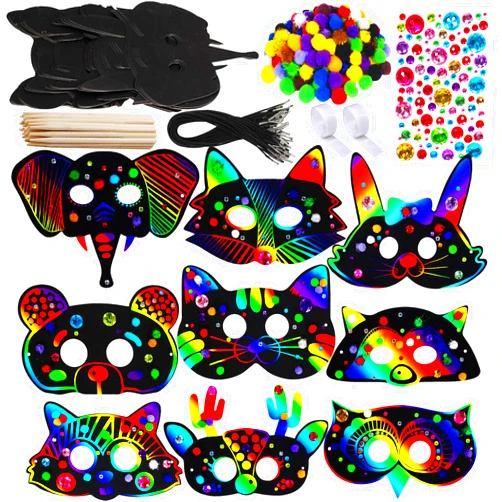 Winlyn 27 Sets Magic Scratch Off Art Rainbow Magic Scratch Paper Animal Masks Owl Rabbit Tiger Wolf Bear Squirrel Fox Bear Elephant Cutouts Face Kids Jungle Forest Animal Birthday Party Activities