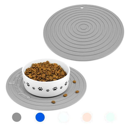 Ptlom Pet Food Mat for Dog and Cat Placemat 2 Pcs, Mat for Prevent Food and Water Overflow, Suitable for Medium and Small Pet, Silicone, 9.5