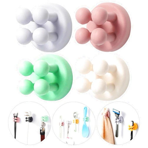 ZEZHOU iBetterLife Self-Adhesive Bathroom Toothbrush Holder - 4Pcs Silicone Utility Storage Shower Hook for Razor Towel Tooth Brush, Wall Mounted Home Kitchen Hanging Organizer Dorm Room Essentials for Girls