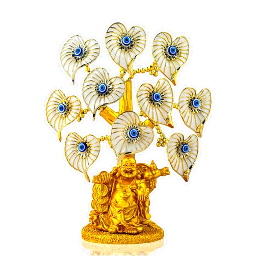 YU FENG Blue Evil Eye Money Tree with Painted Golden Buddha Statue White Artificial Flowers Home Office Protection Decoration Feng Shui Ornament