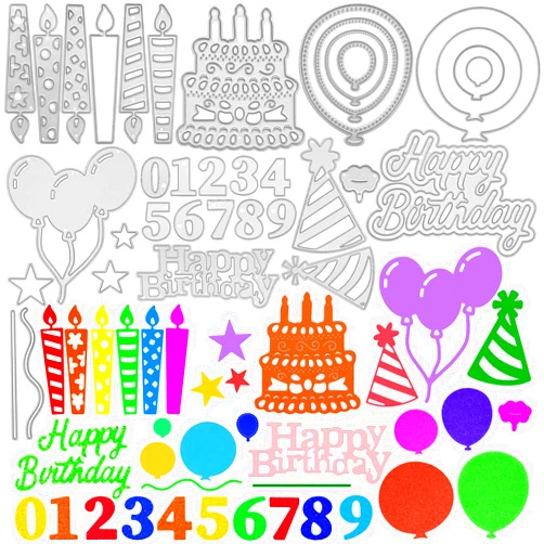 Patelai 30 Pieces Dies Cut, Metal Happy Birthday Cake Cutting Dies Happy Birthday Balloons Cake Stencils for Party Card Making Balloons Party Invitation Card Album Scrapbooks Crafts