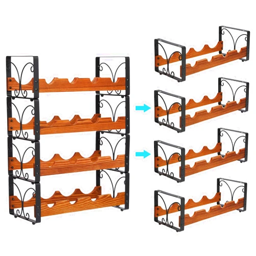 X-cosrack Stackable Wine Rack for 16 Bottles, 4 Tier Wine Storage Cabinet Shelf, Freestanding Wine Organizer with Patent Design, Wooden & Iron Bottles Holder for Kitchen Counter or Bar, Wine Display Shelf