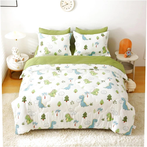 Wajade Kids Dinosaurs Comforter Set Bed in A Bag Twin Size 7 Piece Cute Green Dinosaur Jungle Bedding Set for Girls Boys (1 Comforter, 1 Flat Sheet, 1 Fitted Sheet, 2 Pillowcase and 2 Pillow Sham)