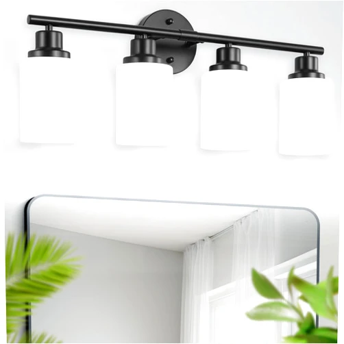 Guliaofo Bathroom Light Fixtures, 4-Light Matte Black Bathroom Vanity Light Fixture, Modern Bathroom Light Fixture with Frosted Glass Shade, Black Vanity Wall Lamps for Bathroom Mirror, E26 Base