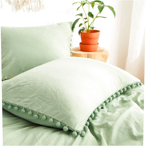 MOVE OVER Sage Green Pom Poms Pillowcases, Green Standard Pillow Cases Set of 2, 100% Washed Microfiber, Dark Sea Green Ball Fringe Pillow Cover, 2 Pack (Queen, Sage Green)