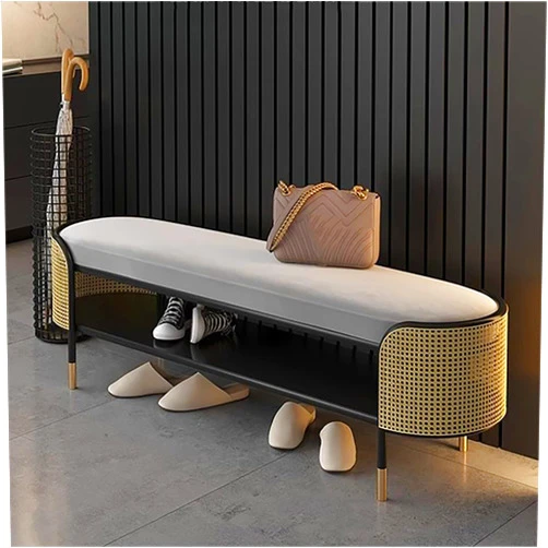 SUZEPER Modern Entryway Bench with Shoe Rack,Rattan Design,Upholstered Shoe Storage Bench,Bedroom End of Bed Bench Shoe Bench with Cushion(47inch, Gray)