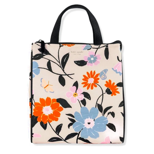 Kate Spade New York Portable Soft Cooler Lunch Bag with Silver Insulated Interior Lining and Storage Pocket, Floral Garden