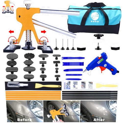 GLISTON 45pcs Paintless Dent Repair Tool Dent Puller Kit, Adjustable Width, Pops a Dent Car Dent Removal Kit, Golden Lifter, Bridge Puller& Glue Gun for Automobile Body Motorcycle Refrigerator