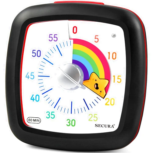 Secura 60-Minute Visual Timer, Silent Study Timer for Kids and Adults, Time Clocks, Time Management Countdown Timer for Teaching (Black & Star)