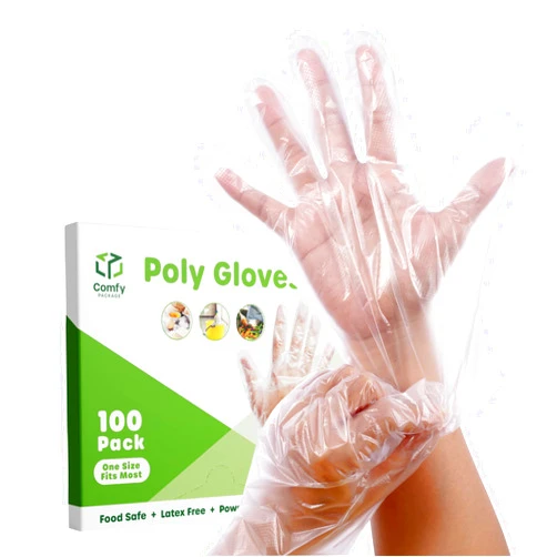 Comfy Package [100 Count Disposable Poly Plastic Gloves for Cooking, Food Prep and Food Service | Latex & Powder Free - One Size Fits Most