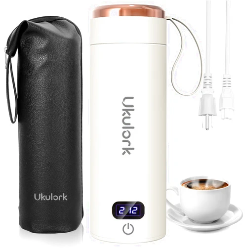 Ukulork Travel Electric Kettle Portable Small Kettle,Mini Hotel Camping Hot Water Boiler for Tea Coffee,4 Warmable Temperature Control,304 Stainless Steel& Auto Shut-Off& Boil Dry Protection(White,380ml)