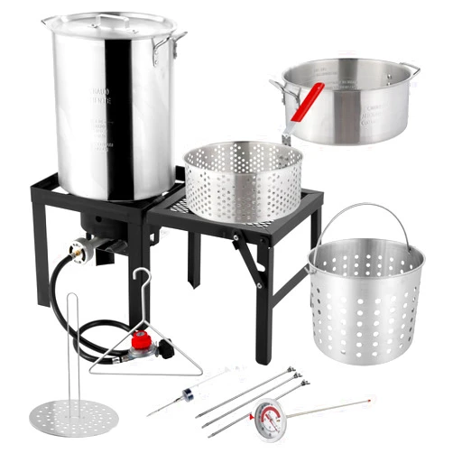 ROVSUN 30QT Turkey Fryer & 10QT Fish Fryer with 55000BTU Propane Burner, Outdoor Deep Fryer & Seafood Crawfish Boiler Steamer Pot with Thermometer, Marinade Injector, Turkey Rack & Rack Lifter