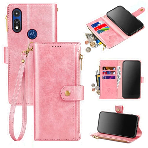 Antsturdy Compatible with Motorola Moto E 2020 Wallet Case RFID Blocking PU Leather Flip Folio Book Protective Cover with Wrist Strap Zipper Credit Card Holder Kickstand Function Men Women,Rose Gold