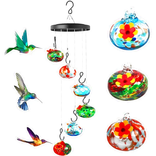 Kapihi Charming Wind Chimes Hummingbird Feeder for Outdoors Hanging Ant and Bee Proof, Never Leak,Unique Hand Blown Glass Humming Bird Feeder Perfect Garden Decor for Window Garden Patio
