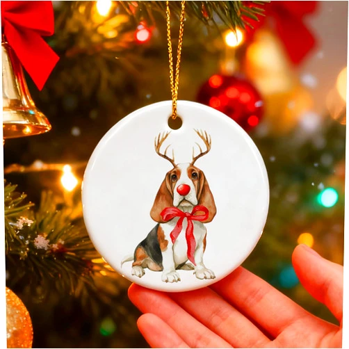 JINYO Basset Hound Christmas Ornament, Basset Hound Gifts, Dog Ornaments for Christmas Tree, Funny Red Nose Reindeer Dog Xmas Decorative Hanging Ceramic Ornaments
