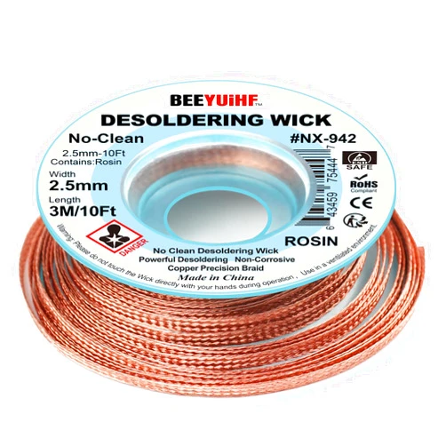 BEEYUIHF No Clean Desoldering wick Braid, No residue Solder wick Braid with Flux, Solder Remover wire Kit, Cable Remover Tool Solder Sucker,w 0.10'' L 9.8' (Pack of 1Pcs) #NX942