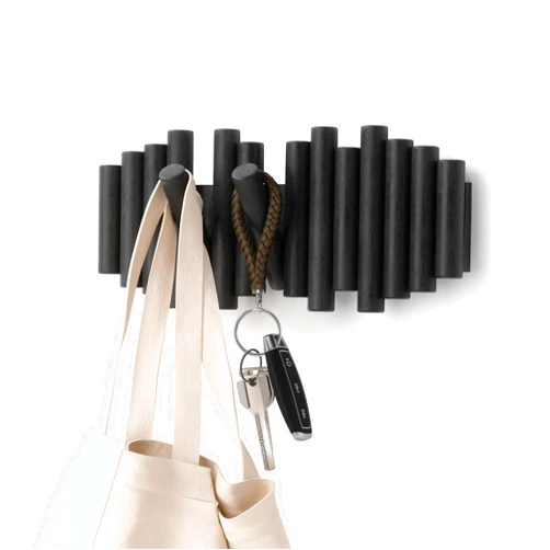 Umbra Picket Wall-Mounted Coat Rack Rail Hook with 5 Retractable Wood Pegs – Modern, Space-Saving Storage Organizer, Black
