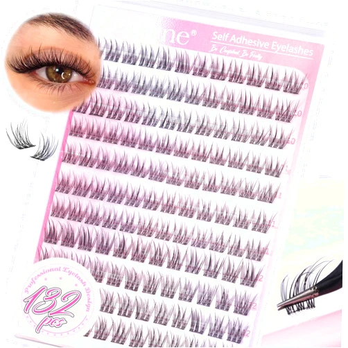 Zegaine Self Adhesive Lash Clusters Natural Look Self Adhesive Eyelashes Extension Reusable Cluster Lashes DIY Lash Extension No Glue Needed Clear Band Short CC Curl 132Pcs Individual Lashes 10-12MM