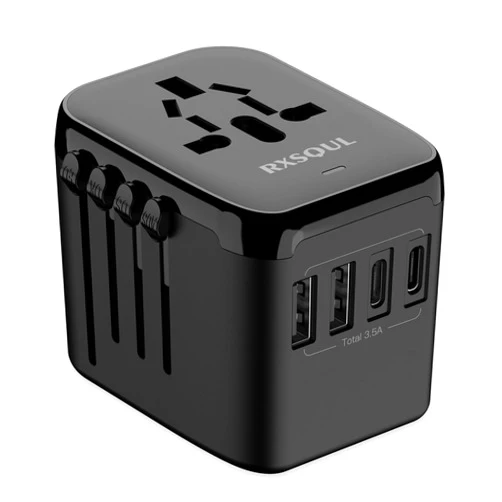 RXSQUL Universal International Power Travel Plug Adapter, 5 in 1 European Travel Plug Adapter W/ 3.5A 2xUSB-A and 2xUSB C Wall Charger and Worldwide AC Outlet for Europe USA UK AUS Asia-Black
