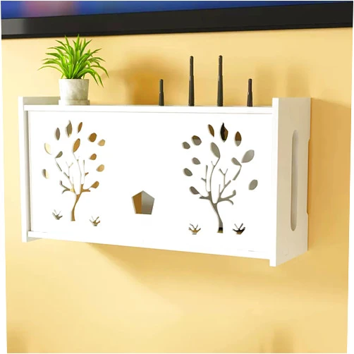 GQMYCDM WiFi Storage Box Wall Mount WiFi Router Box Hider Decorative, Cable Organizer Box, Power Strip Protector Hider Set-top Box Shelf-no Punch(Color:White Tree)