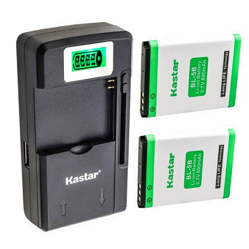 Kastar 2-Pack BL-5B Battery and Smart LCD Charger Replacement for Nok 2610 3220 3230 5140 5140i 5200 5300 5500 5500 Sport 6020 6021 6061 6070 6080 7260 7360 N80 N90 5070 6060 6120 Classic 6121