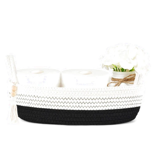 Mkono Small Storage Basket for Toilet Tank Top Boho Bathroom Decor Woven Rope Toilet Paper Tray Back of Toilet Organizer for Shelf Bedroom Living Room, Black and White, 1 Pack, 13