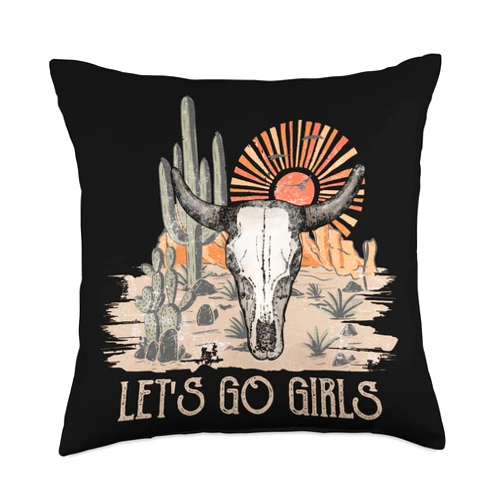 Vretinos Let's Go Girls Cowboy Western Deserts Vintage Bulls Skulls Throw Pillow, 18x18, Multicolor