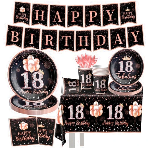GREHUMOR 142Pcs 18th Birthday Tableware Decorations for Girls Rose Gold Happy 18 Birthday Party Supplies for Her Disposable Tablecloth,Plates,Napkins,Cups,Forks and Knives for 18th Birthday Party