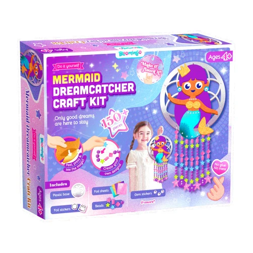 Bloomingo Art & Craft Kit-Mermaid Dreamcatcher:DIY Dream Catcher Kit for Kids; Create Your Own Mermaid-Themed Dream Catcher with Fun Foil Stickers; Birthday Gift for Boys & Girls Multicolor