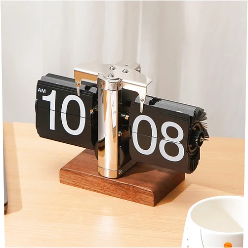 VBESTLIFE Retro Digital Flip Down Clock, Battery Powered Internal Gear Operated Clock, Classic Mechanical, Black Walnut Base, for Home & Office Decor (Silver)