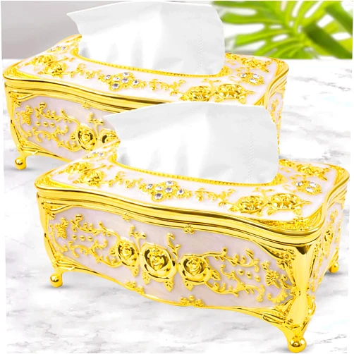 Carooyac 2PCS Gold Tissue Box Cover, Decorative Tissue Box Holder Rectangular Tissues Cube Boxes, Square Paper Box Napkin Holder Home Decor for Bathroom, Bedroom, Living Room, Office