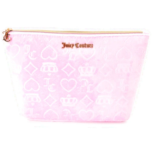 Juicy Couture Pink Makeup Bag Cosmetics Organizer Travel Essentials Zip Top Wedge Velour Heart Crown