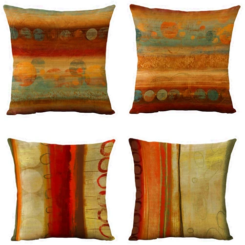 WOMHOPE Set of 4 Retro Throw Pillow Covers Oil Painting Burlap Toss Decoration Pillow Cases Square Cushion Cases 18 x 18 Inch for Living Room,Couch and Bed (Brick red)