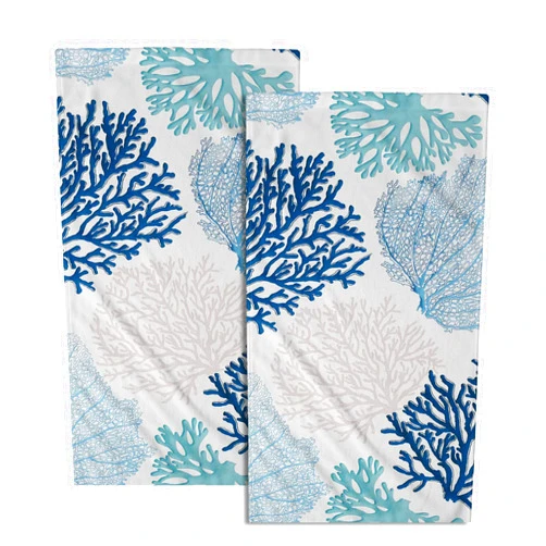 Giwawa Blue Coral Hand Towel Set of 2, Nautical Teal Sea Coral Fingertip Towel Coastal Face Towel Ocean Washcloth for Farmhouse Cabin Bathroom