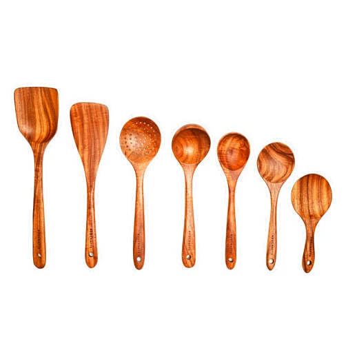 Avocrafts Kitchen Utensil Set for Cooking, Wooden Cooking Spoons and Spatulas, Set of 7 (No Holder)