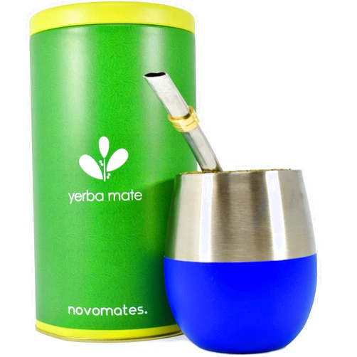Organic Deal Novomates Yerba Mate Kit w/Double Wall Stainless Steel Mate Cup, Mate Straw and Yerba Container – Yerba Mate Cup w/Bombilla Mate - Yerba Mate Gourd - Bombilla Mate & Mate Tea Cup 8oz (237ml) (Blue)