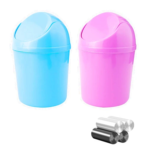 SITAKE 2 Pcs Plastic Mini Wastebasket Trash Can with Swing Lid with 120 Trash Bags, Tiny Desktop Waste Garbage Bin for Home, Office, Kitchen, Vanity Tabletop, Bedroom, Bathroom (Blue + Purple)