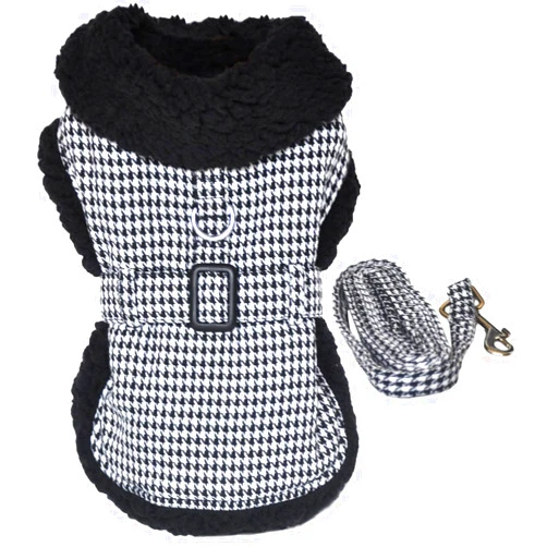 DOGGIE DESIGN Black and White Classic Houndstooth Dog Harness Coat with Leash (XX-Large)