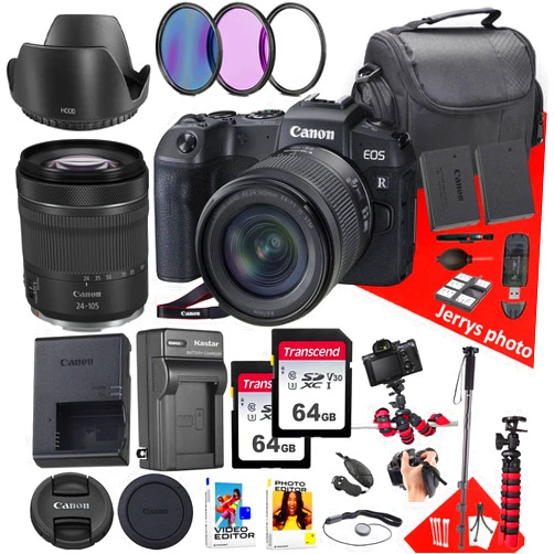 Canon EOS RP Mirrorless Camera with RF 24-105mm f/4-7.1 is STM Lens + 128 GB Memory + Hood + Extra Battery + Battery Charger + Filters + More (28pc Bundle), Black