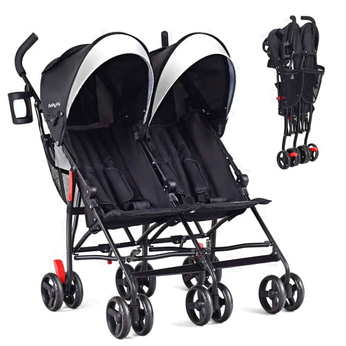 BABY JOY Double Umbrella Stroller, Lightweight Travel Side by Side Twin Stroller with Large Storage, Cup Holder, 5-Point Safety Harness, Adjustable Canopy & Compact Fold for Infant and Toddler (Black)